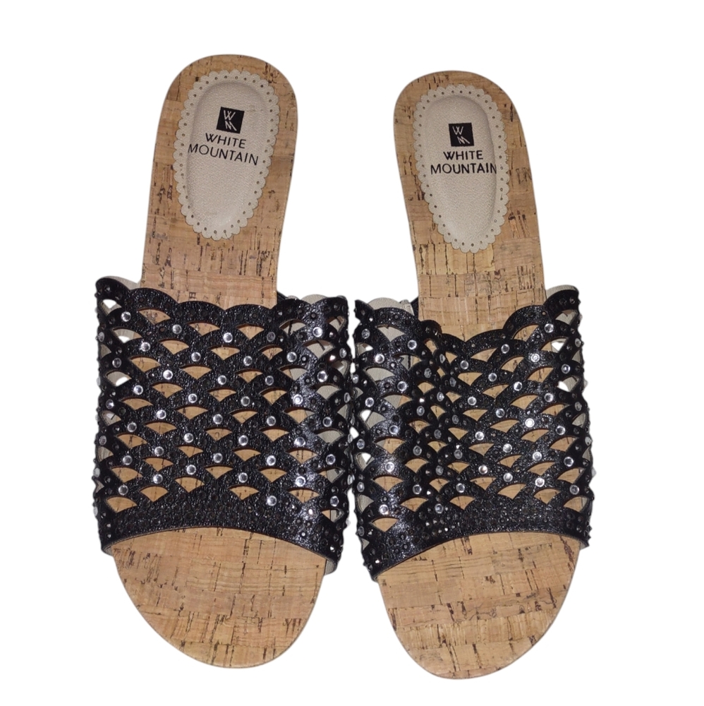 White Mountain Woman’s Black Platform Rhinestone Perforated Natasha Wedge 10 M